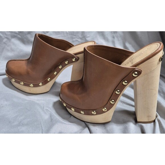 Michael Kors platform clog gold studded Liana leather sz 5 tank brown heels shoe - Picture 1 of 6